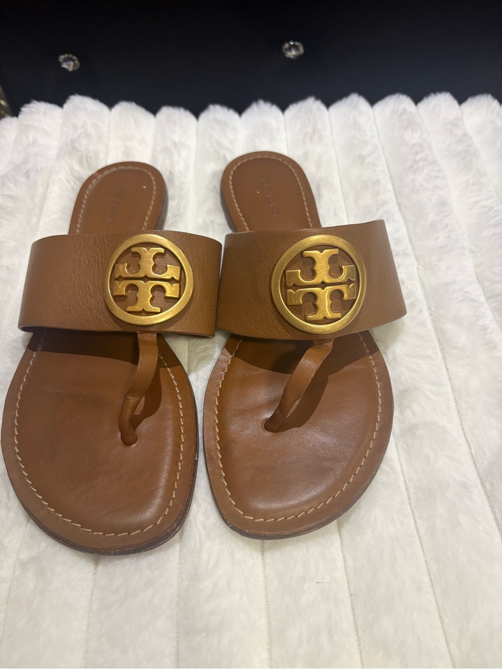 Tory Burch Tan Leather Logo Toe-Post Sandals